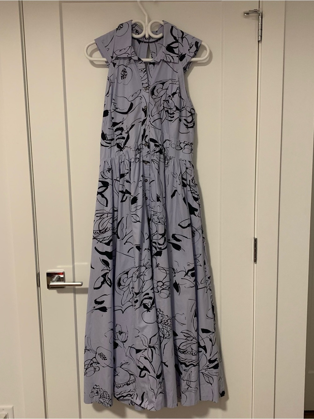 Anthropologie Lavender Dress with Black Floral and Bird Sketch Print